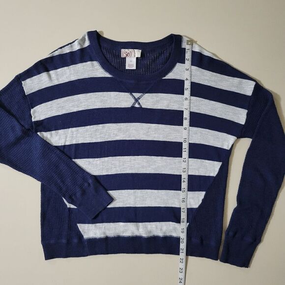 SO® Junior's Navy Stripe Crewneck Lightweight Waffle-knit Sweater - Picture 5 of 13